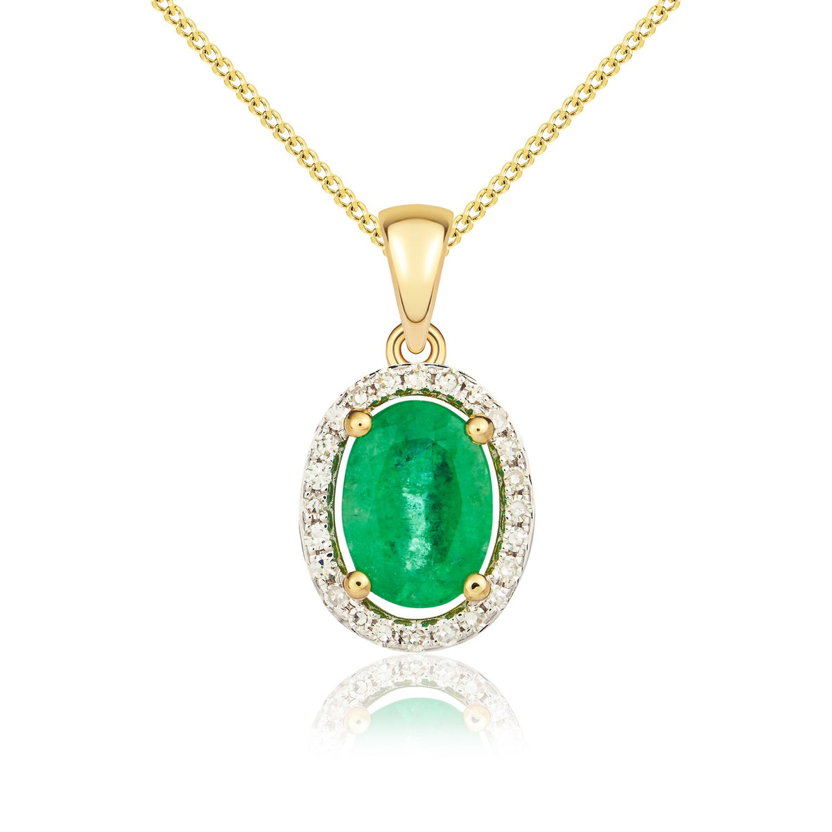 9ct Yellow Gold Oval Natural Emerald & Diamond Halo Cluster Pendant — 7x5mm