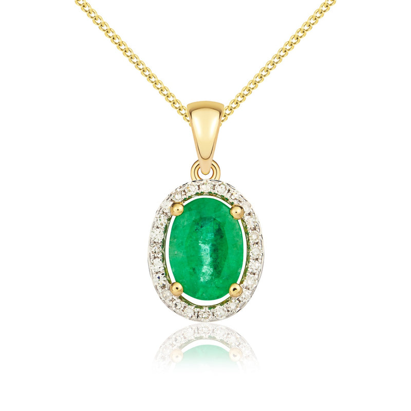 9ct Yellow Gold Oval Natural Emerald & Diamond Halo Cluster Pendant — 7x5mm
