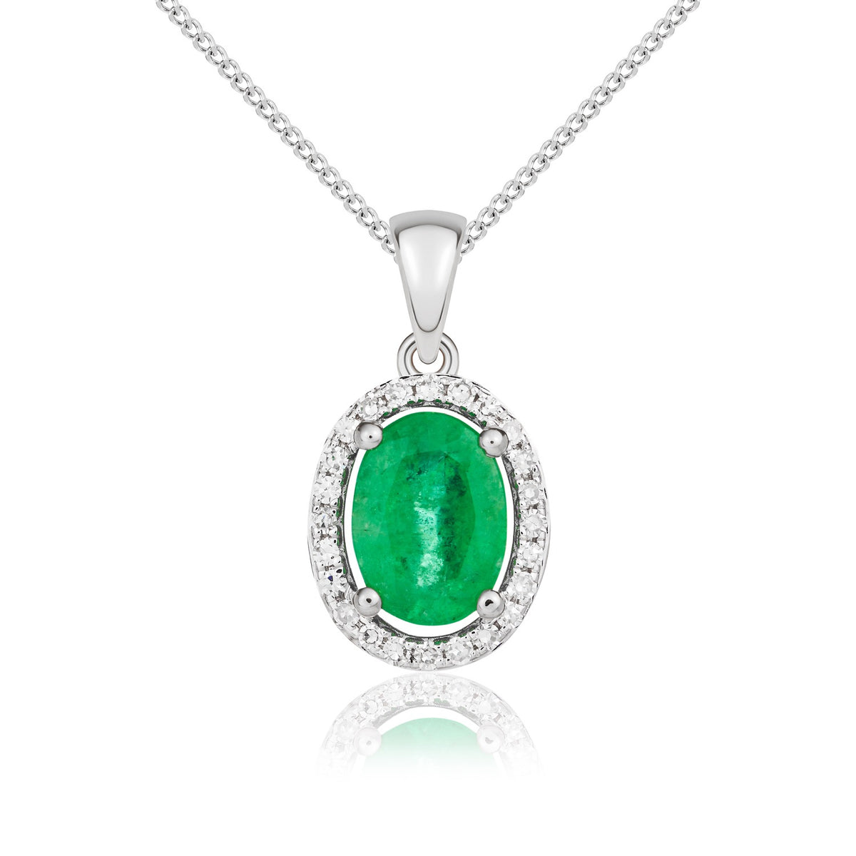 9ct White Gold Oval Natural Emerald & Diamond Halo Cluster Pendant — 7x5mm