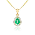 9ct Yellow Gold Pear Natural Emerald & Diamond Halo Cluster Pendant — 6x4mm
