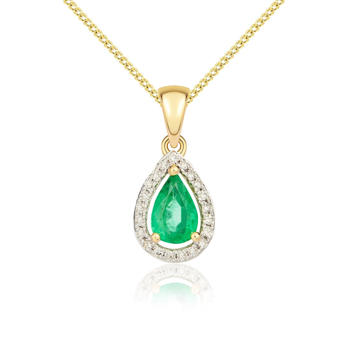 9ct Yellow Gold Pear Natural Emerald & Diamond Halo Cluster Pendant — 6x4mm