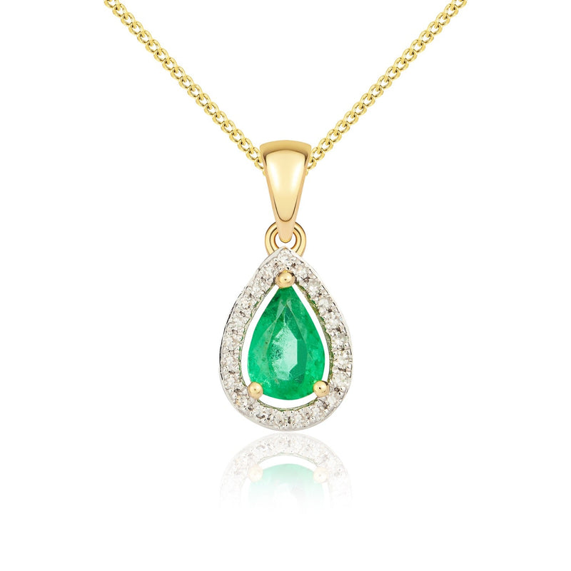 9ct Yellow Gold Pear Natural Emerald & Diamond Halo Cluster Pendant — 6x4mm