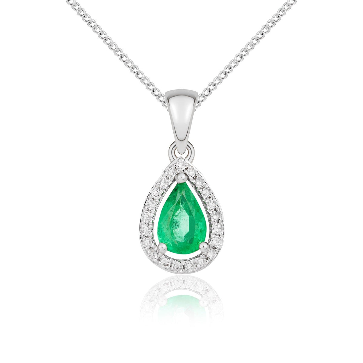 9ct White Gold Pear Natural Emerald & Diamond Halo Cluster Pendant — 6x4mm