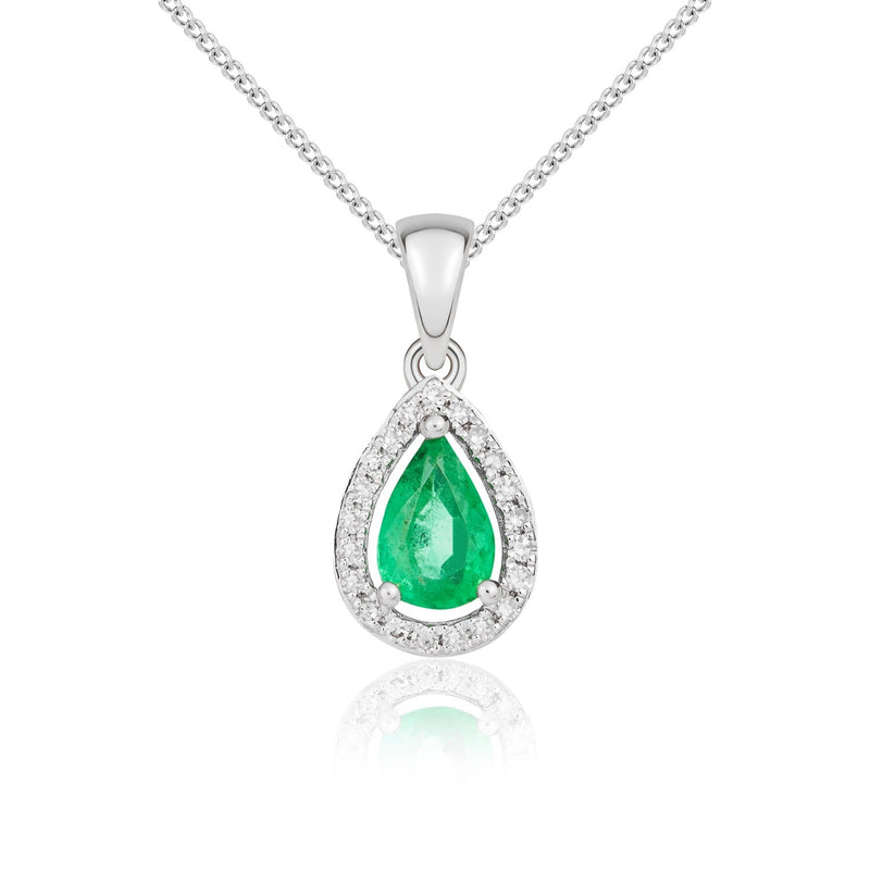 9ct White Gold Pear Natural Emerald & Diamond Halo Cluster Pendant — 6x4mm