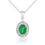 9ct White Gold Oval Natural Emerald & Diamond Rope Edge Cluster Pendant — 7x5mm