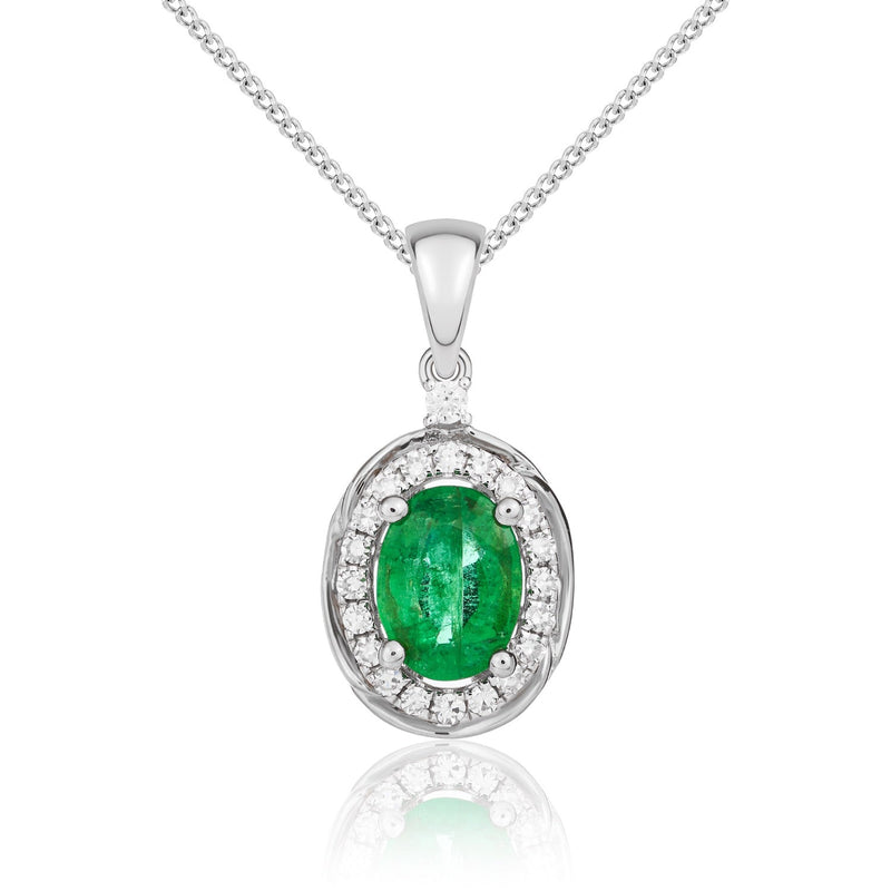 9ct White Gold Oval Natural Emerald & Diamond Rope Edge Cluster Pendant — 7x5mm