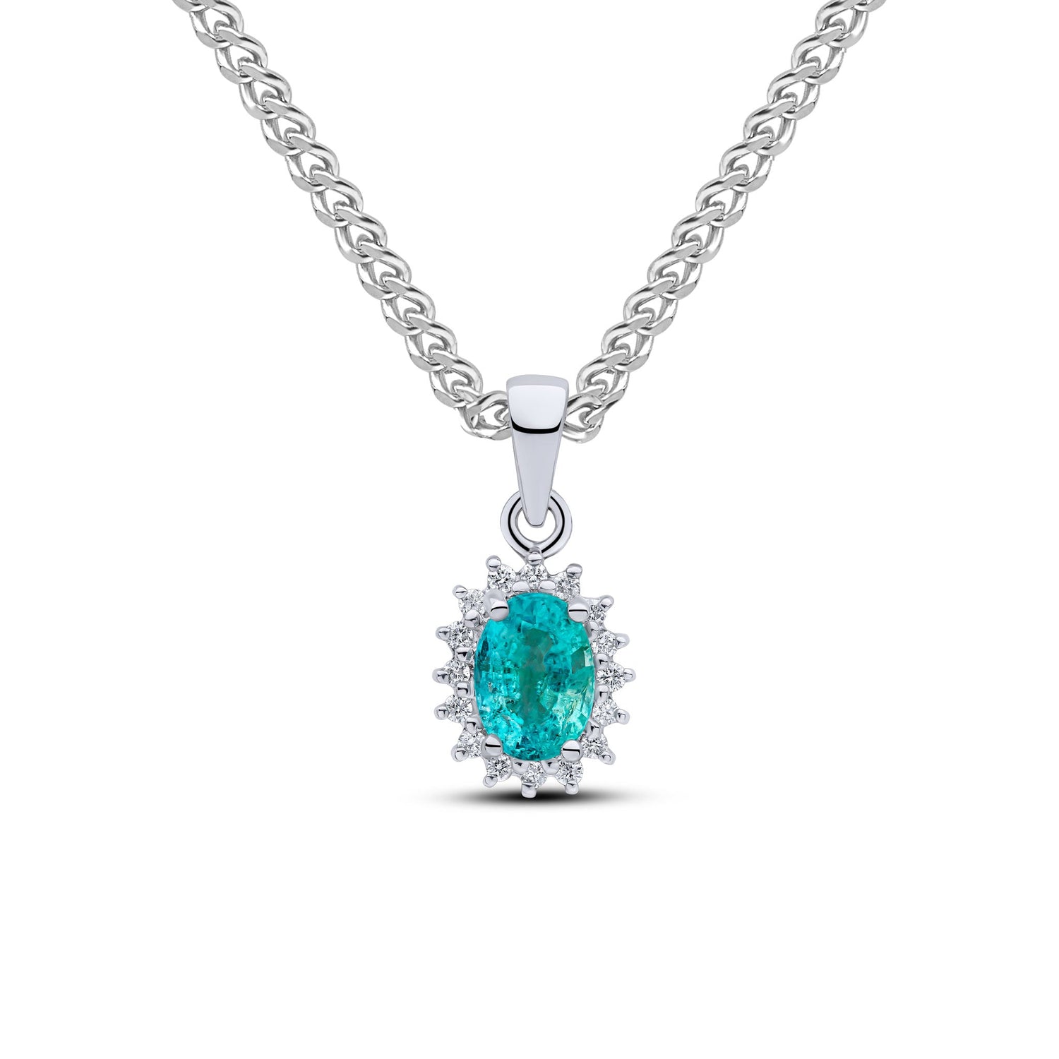 9ct White Gold Oval Natural Emerald and Diamond Cluster Pendant — 7x5mm