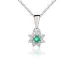 9ct White Gold Round Natural Emerald & Diamond Claw Set Cluster Pendant — 3mm
