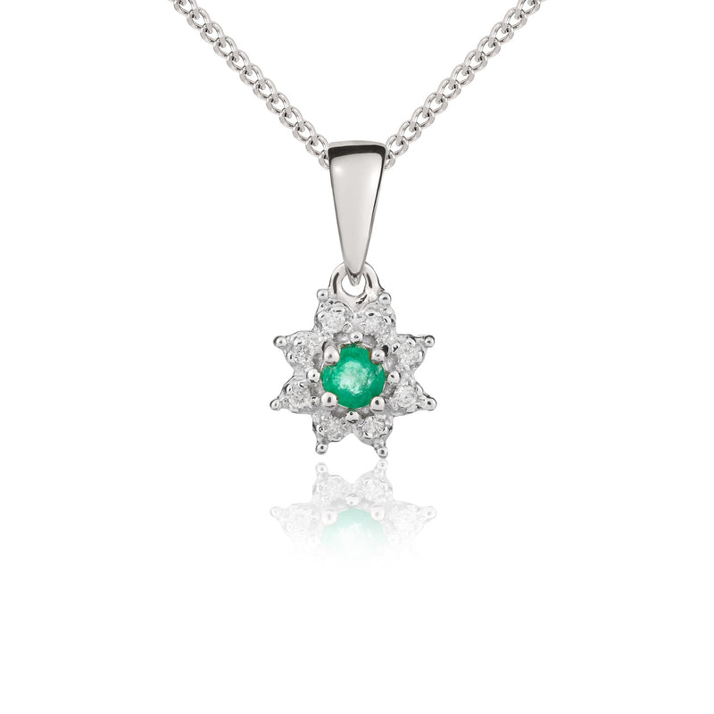 9ct White Gold Round Natural Emerald & Diamond Claw Set Cluster Pendant — 3mm