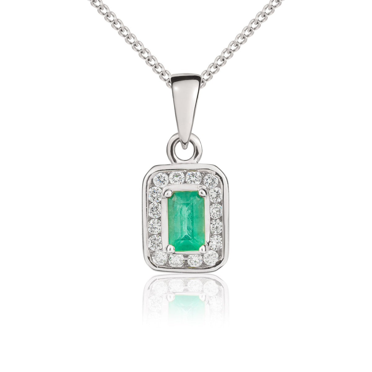 9ct White Gold Octagonal Natural Emerald & Diamond Cluster Pendant — 5x3mm