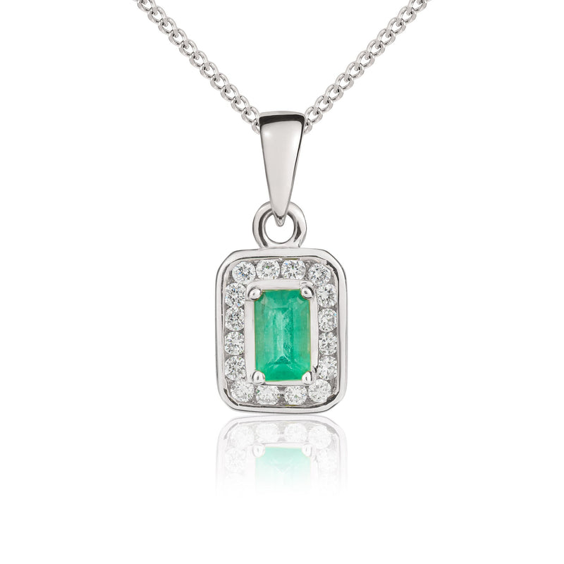 9ct White Gold Octagonal Natural Emerald & Diamond Cluster Pendant — 5x3mm