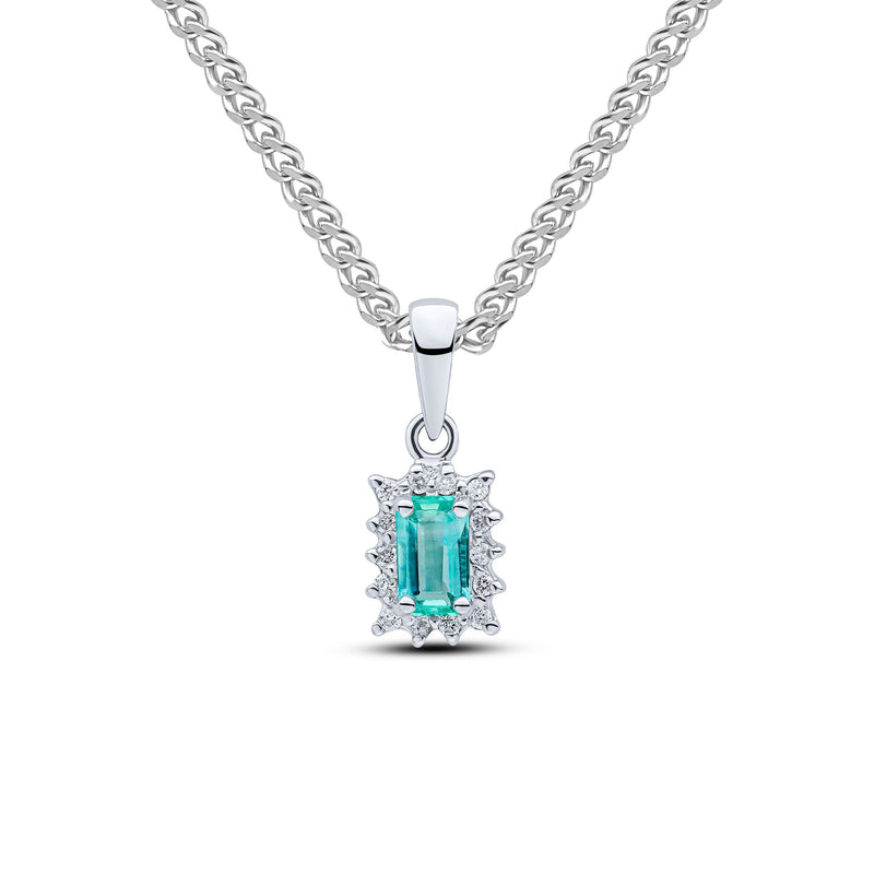 9ct White Gold Octagonal Natural Emerald & Diamond Claw Set Cluster Pendant — 5x3mm