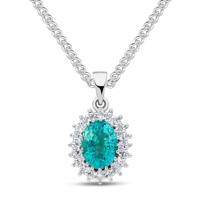9ct White Gold Oval Natural Emerald & Diamond Classic Cluster Pendant — 8x6mm