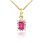 9ct Yellow Gold Octagonal Natural Ruby & Diamond Claw Set Cluster Pendant — 5x3mm