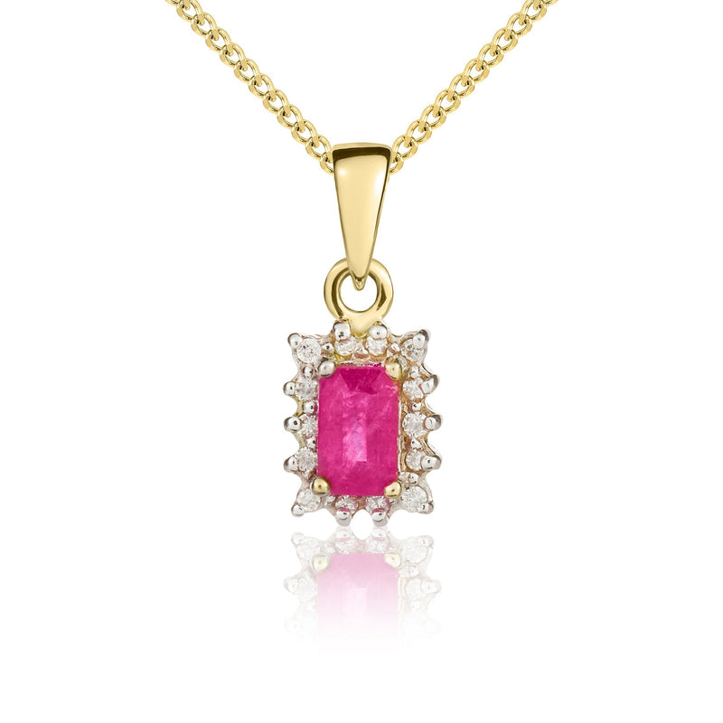 9ct Yellow Gold Octagonal Natural Ruby & Diamond Claw Set Cluster Pendant — 5x3mm