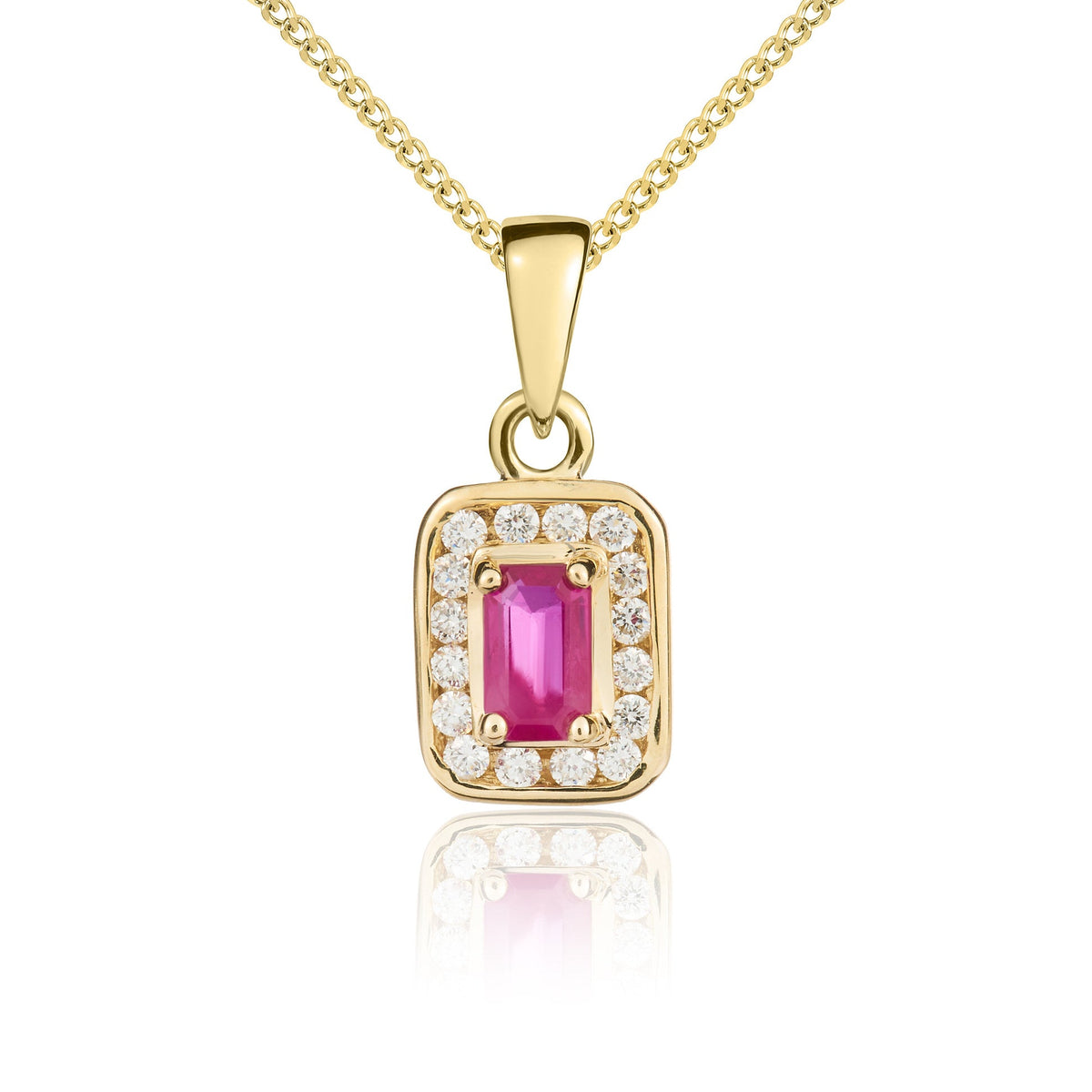 9ct Yellow Gold Octagonal Natural Ruby & Diamond Cluster Pendant — 5x3mm