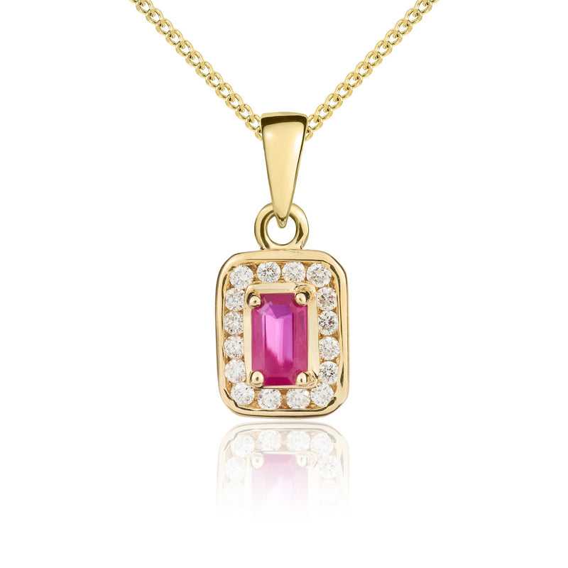 9ct Yellow Gold Octagonal Natural Ruby & Diamond Cluster Pendant — 5x3mm