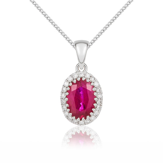 18ct White Gold Oval Ruby & Diamond Cluster Pendant — 7x5mm
