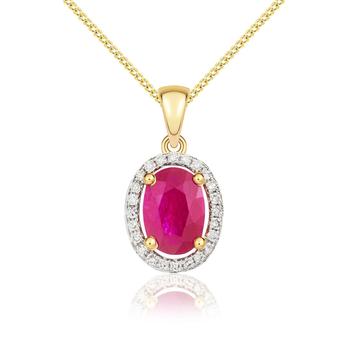 9ct Yellow Gold Oval Natural Ruby & Diamond Halo Cluster Pendant — 7x5mm