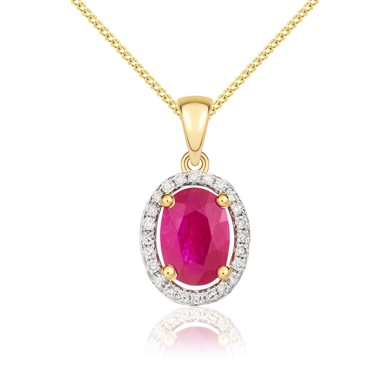 9ct Yellow Gold Oval Natural Ruby & Diamond Halo Cluster Pendant — 7x5mm