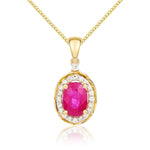9ct Yellow Gold Oval Natural Ruby & Diamond Rope Edge Cluster Pendant — 7x5mm