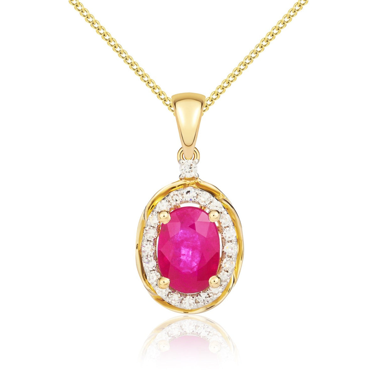 9ct Yellow Gold Oval Natural Ruby & Diamond Rope Edge Cluster Pendant — 7x5mm