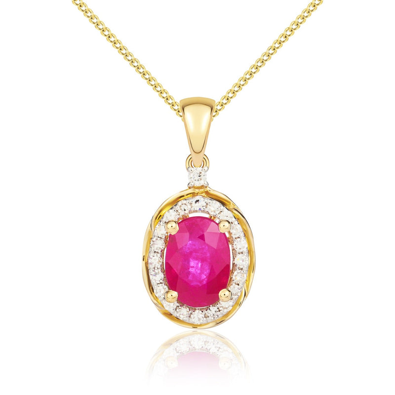 9ct Yellow Gold Oval Natural Ruby & Diamond Rope Edge Cluster Pendant — 7x5mm