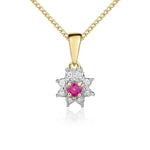 9ct Yellow Gold Round Natural Ruby & Diamond Claw Set Cluster Pendant — 3mm