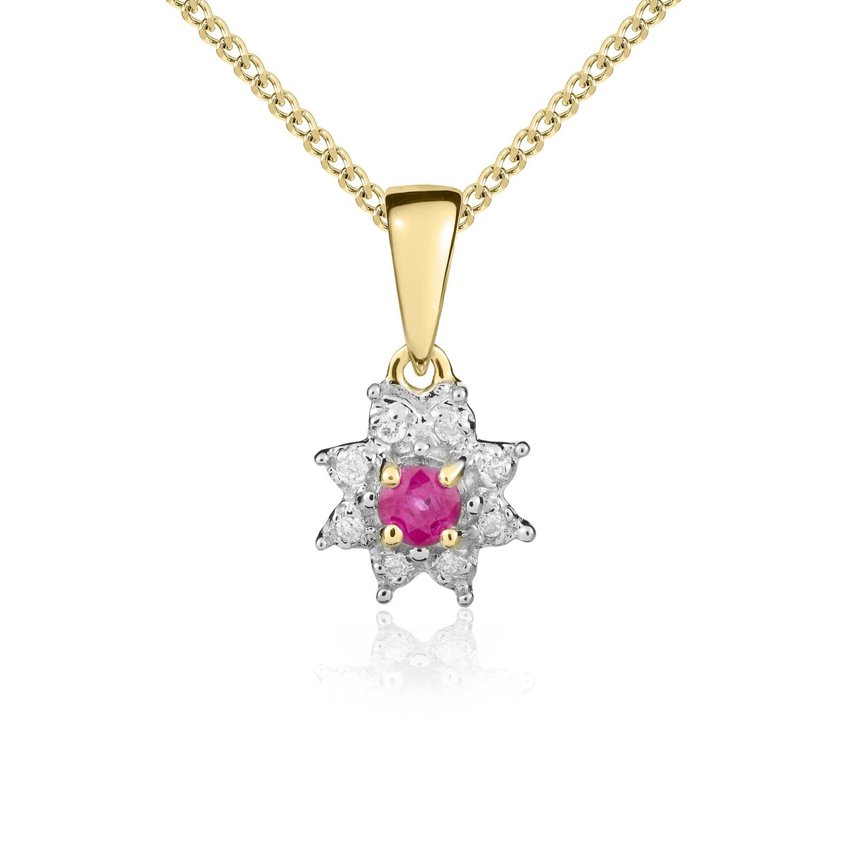 9ct Yellow Gold Round Natural Ruby & Diamond Claw Set Cluster Pendant — 3mm