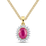 9ct Yellow Gold Oval Natural Ruby & Diamond Classic Cluster Pendant — 8x6mm