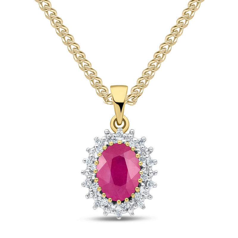 9ct Yellow Gold Oval Natural Ruby & Diamond Classic Cluster Pendant — 8x6mm