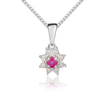 9ct White Gold Round Natural Ruby & Diamond Claw Set Cluster Pendant — 3mm