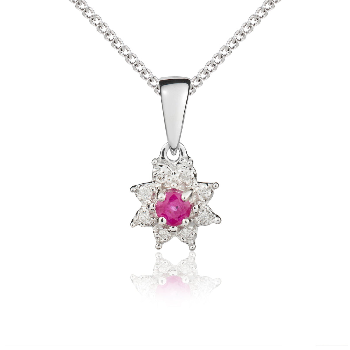 9ct White Gold Round Natural Ruby & Diamond Claw Set Cluster Pendant — 3mm