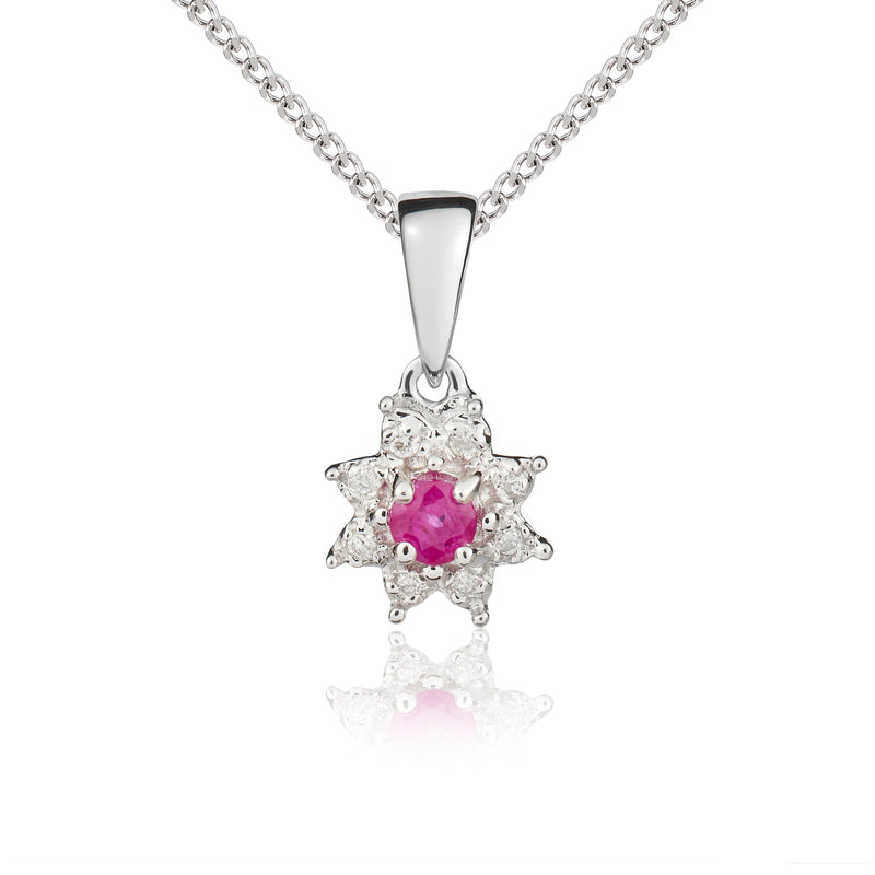 9ct White Gold Round Natural Ruby & Diamond Claw Set Cluster Pendant — 3mm