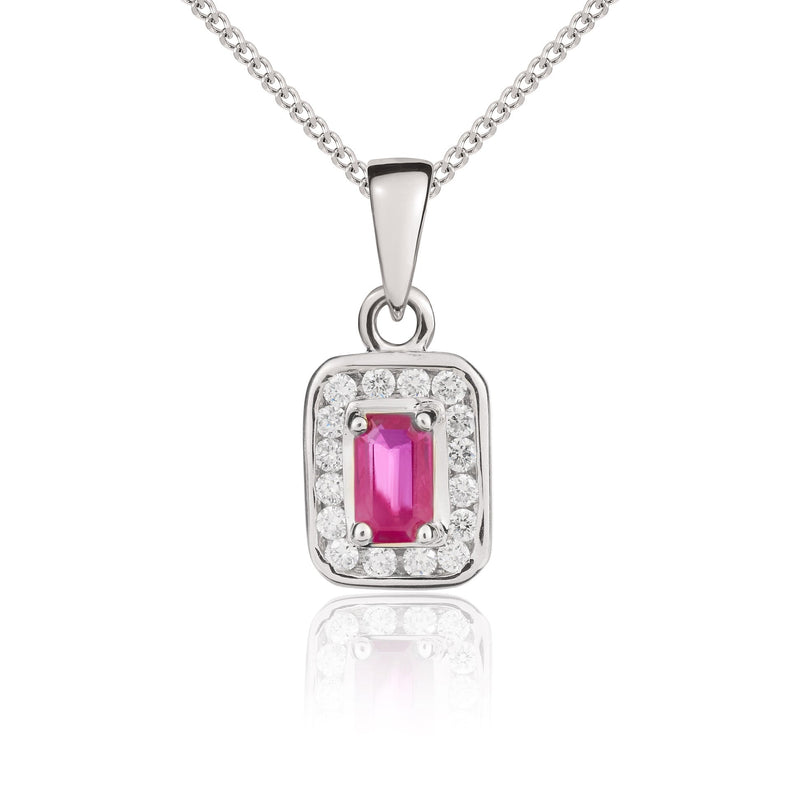 9ct White Gold Octagonal Natural Ruby & Diamond Cluster Pendant — 5x3mm