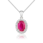 9ct White Gold Oval Natural Ruby & Diamond Halo Cluster Pendant — 7x5mm