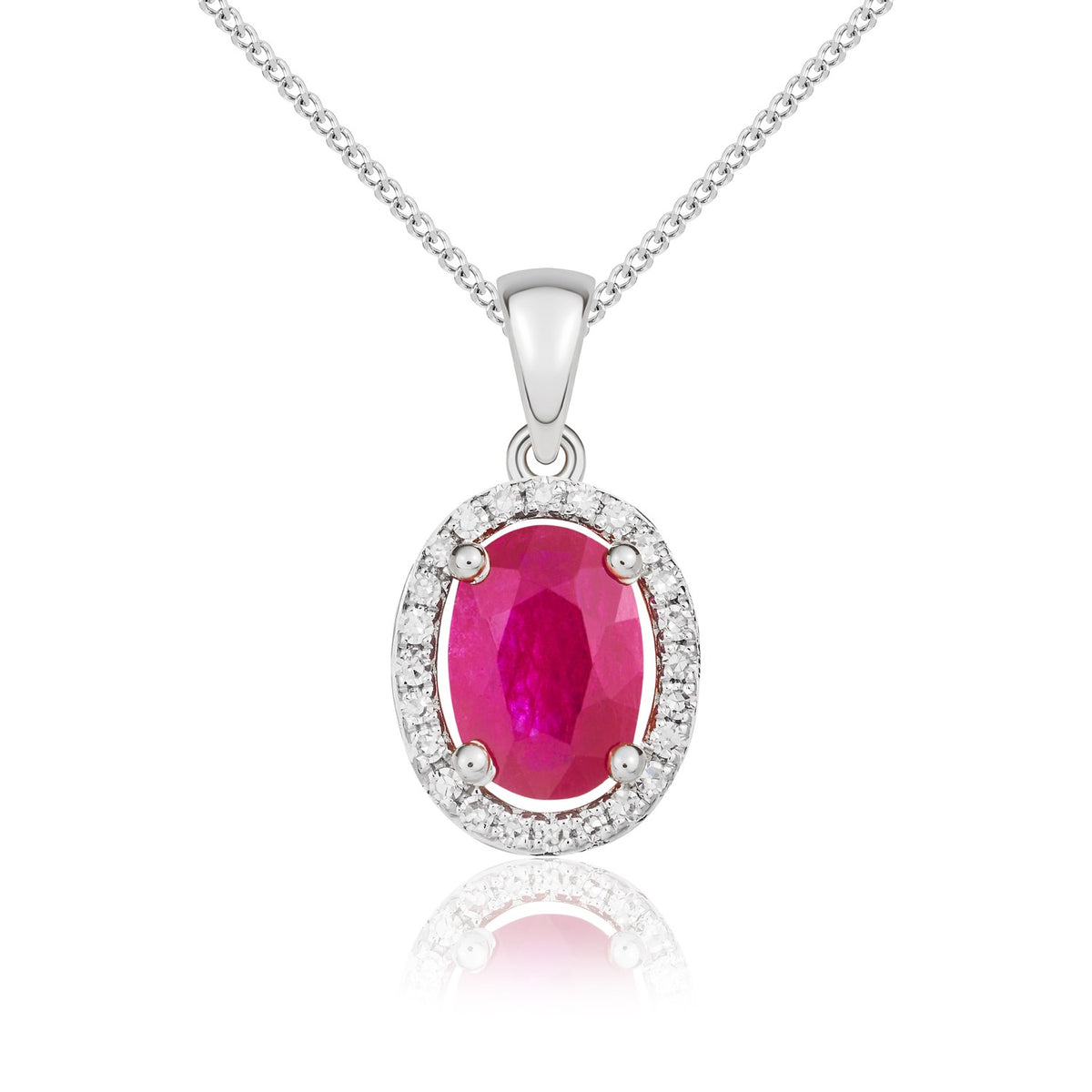 9ct White Gold Oval Natural Ruby & Diamond Halo Cluster Pendant — 7x5mm
