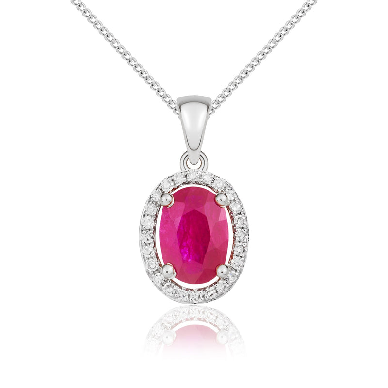 9ct White Gold Oval Natural Ruby & Diamond Halo Cluster Pendant — 7x5mm