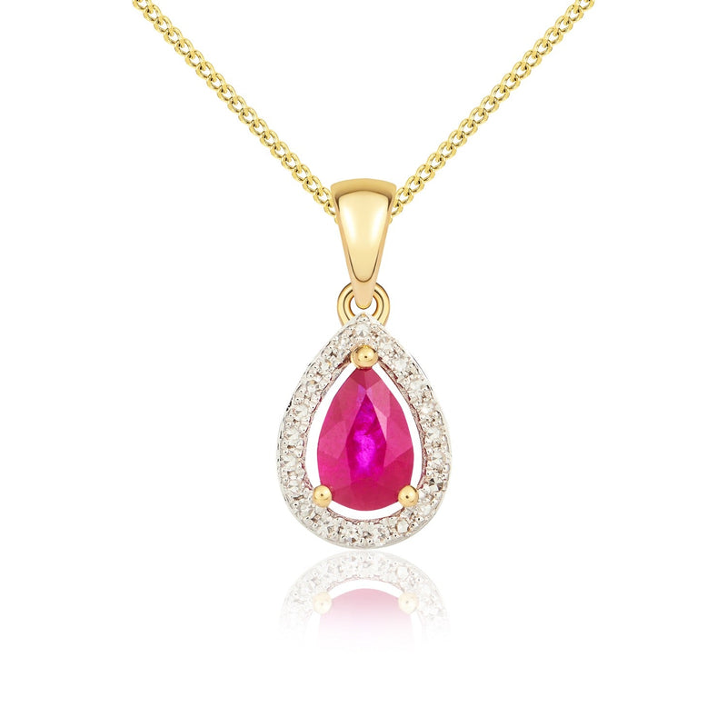 9ct Yellow Gold Pear Natural Ruby & Diamond Halo Cluster Pendant — 6x4mm
