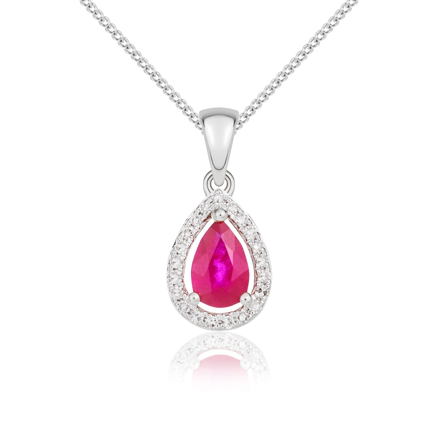 9ct White Gold Pear Shaped Natural Ruby and Diamond Halo Cluster Pendant — 6x4mm