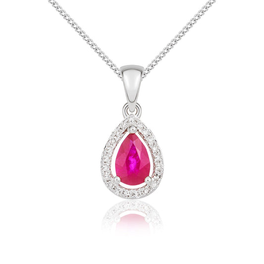 9ct White Gold Pear Shaped Natural Ruby and Diamond Halo Cluster Pendant — 6x4mm