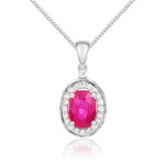 9ct White Gold Oval Natural Ruby & Diamond Rope Edge Cluster Pendant — 7x5mm