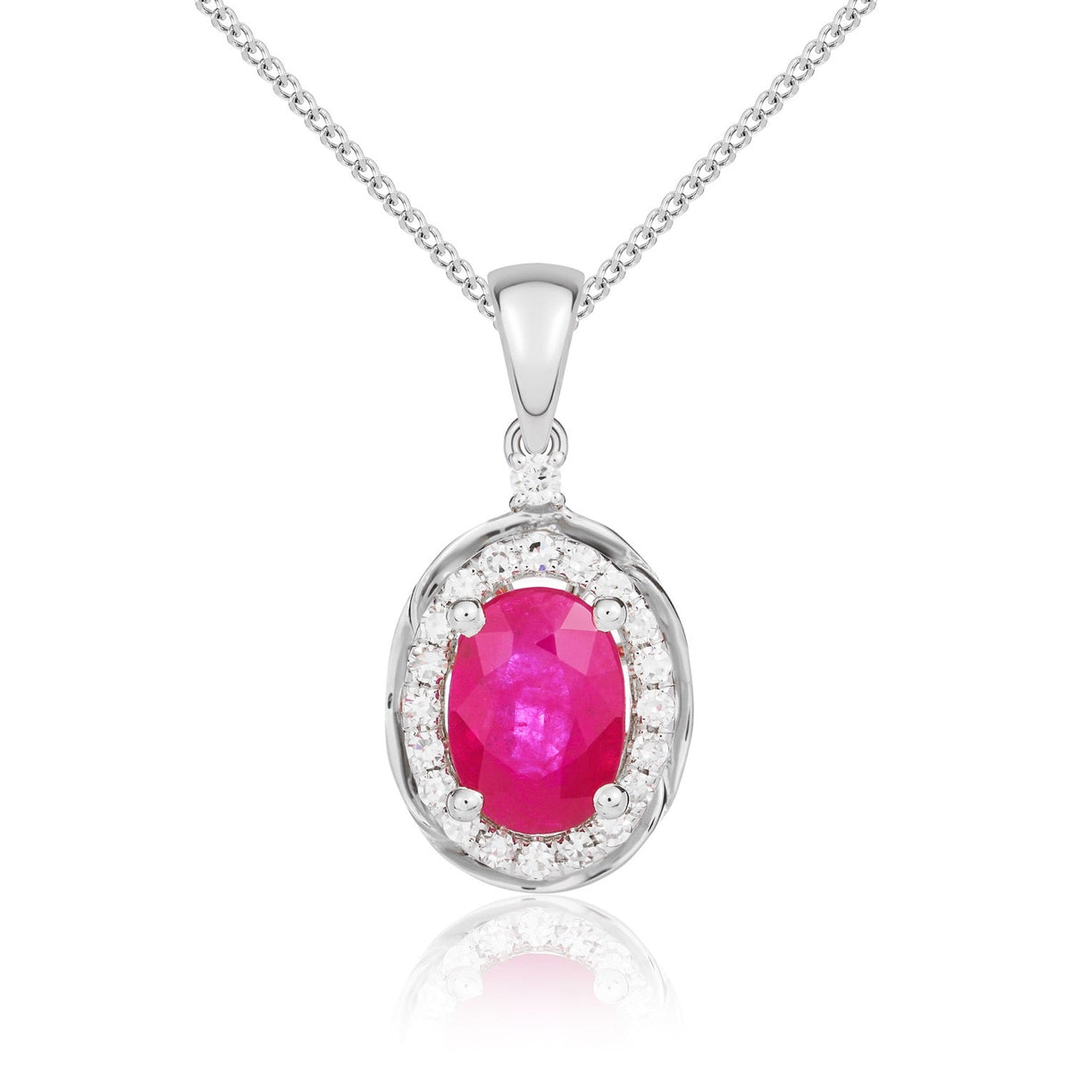 9ct White Gold Oval Natural Ruby & Diamond Rope Edge Cluster Pendant — 7x5mm
