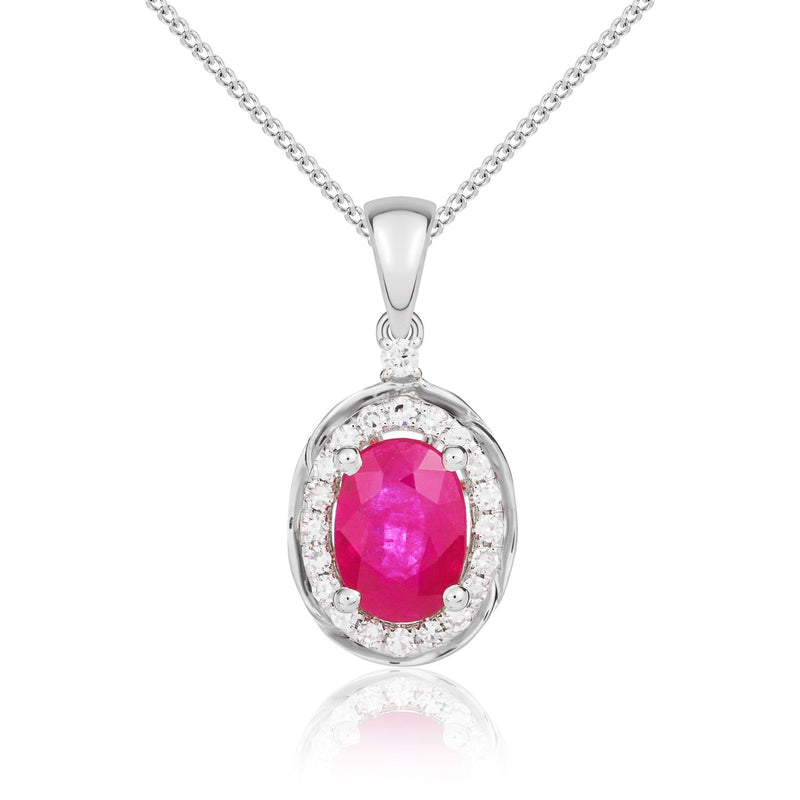 9ct White Gold Oval Natural Ruby & Diamond Rope Edge Cluster Pendant — 7x5mm