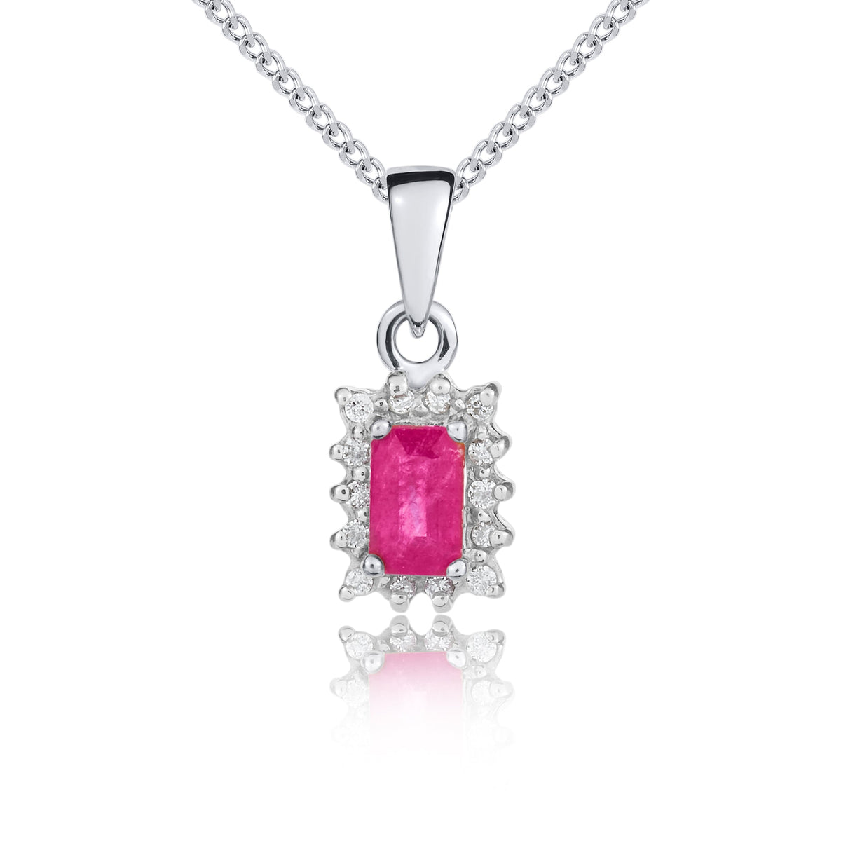 9ct White Gold Octagonal Natural Ruby & Diamond Claw Set Cluster Pendant — 5x3mm