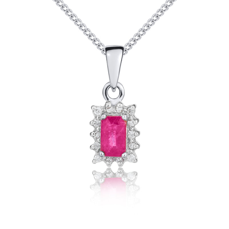 9ct White Gold Octagonal Natural Ruby & Diamond Claw Set Cluster Pendant — 5x3mm