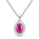 9ct White Gold Oval Natural Ruby & Diamond Classic Cluster Pendant — 8x6mm
