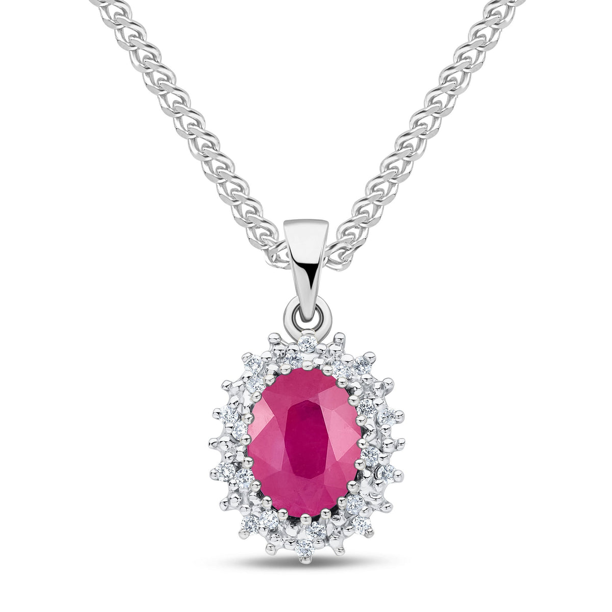 9ct White Gold Oval Natural Ruby & Diamond Classic Cluster Pendant — 8x6mm