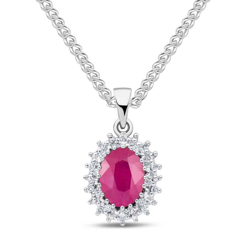 9ct White Gold Oval Natural Ruby & Diamond Classic Cluster Pendant — 8x6mm