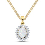 9ct Yellow Gold Oval Natural Opal & Diamond Classic Cluster Pendant — 8x6mm